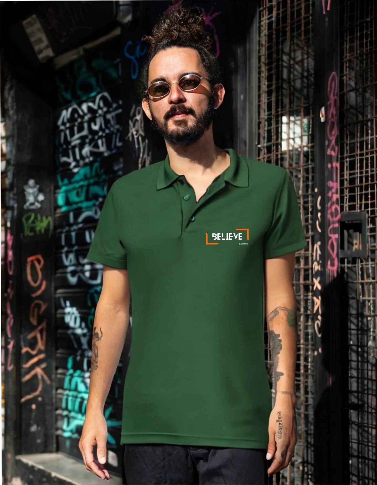 Beclassy Bottle Green Polo T-shirt- "BELIEVE"