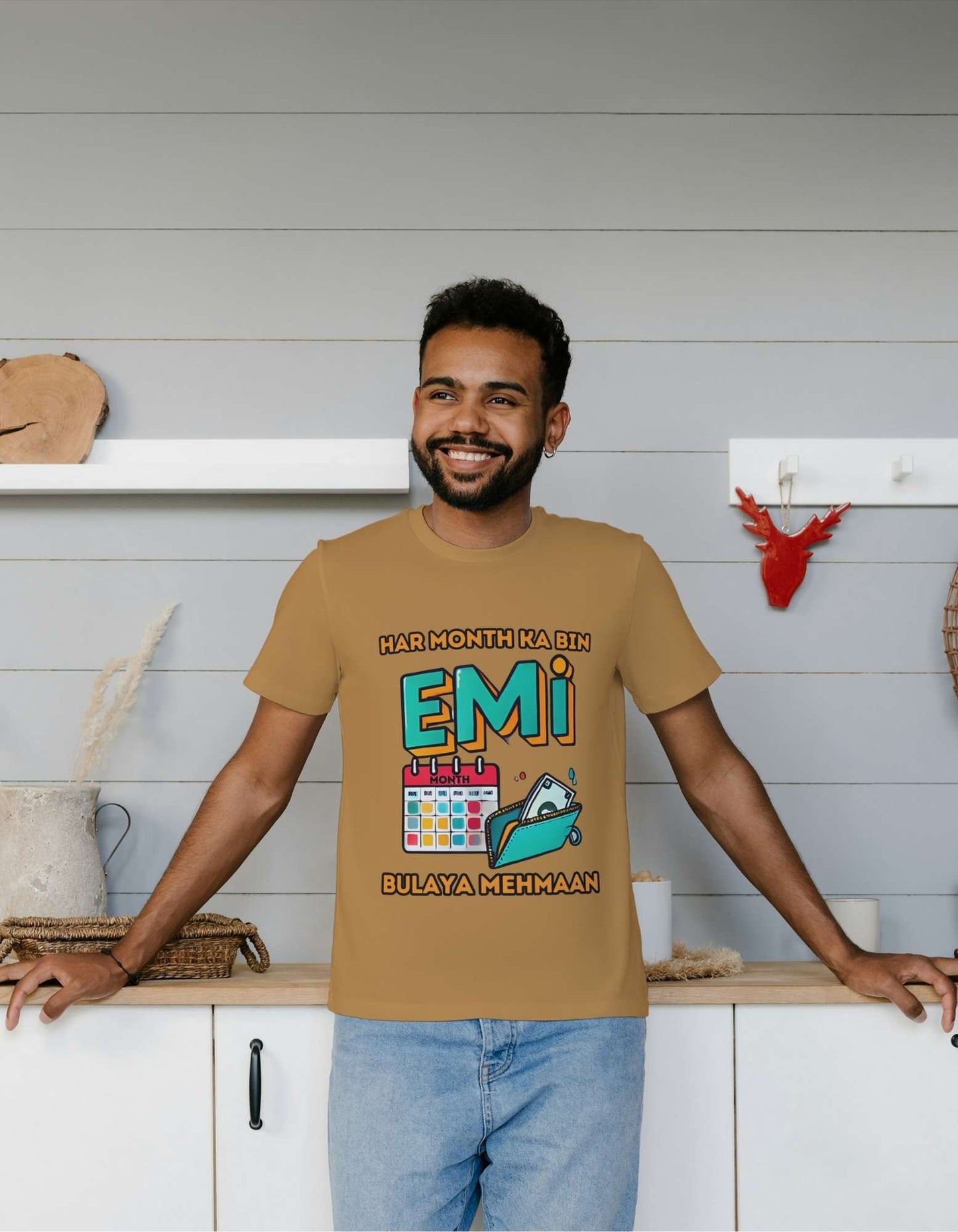 beclassy corporate t-shirt with a premium pure cotton 180 gsm camel color t-shirt with "har month ka bin bulaya mehmaan-EMI" design print.