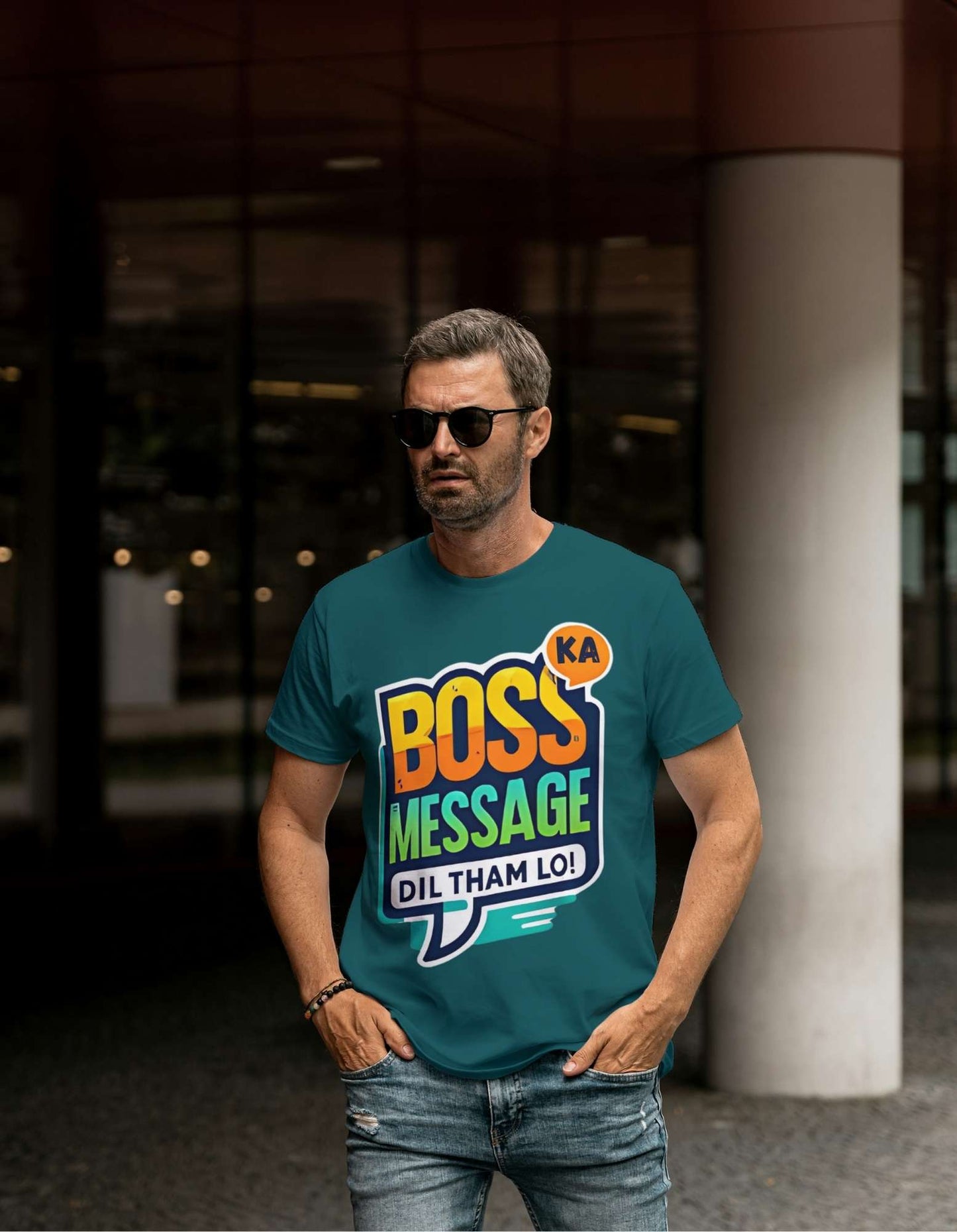 beclassy corporate t-shirt with a premium pure cotton 180 gsm teal blue color t-shirt with "Boss Ka message Dil Tham Lo" design print.