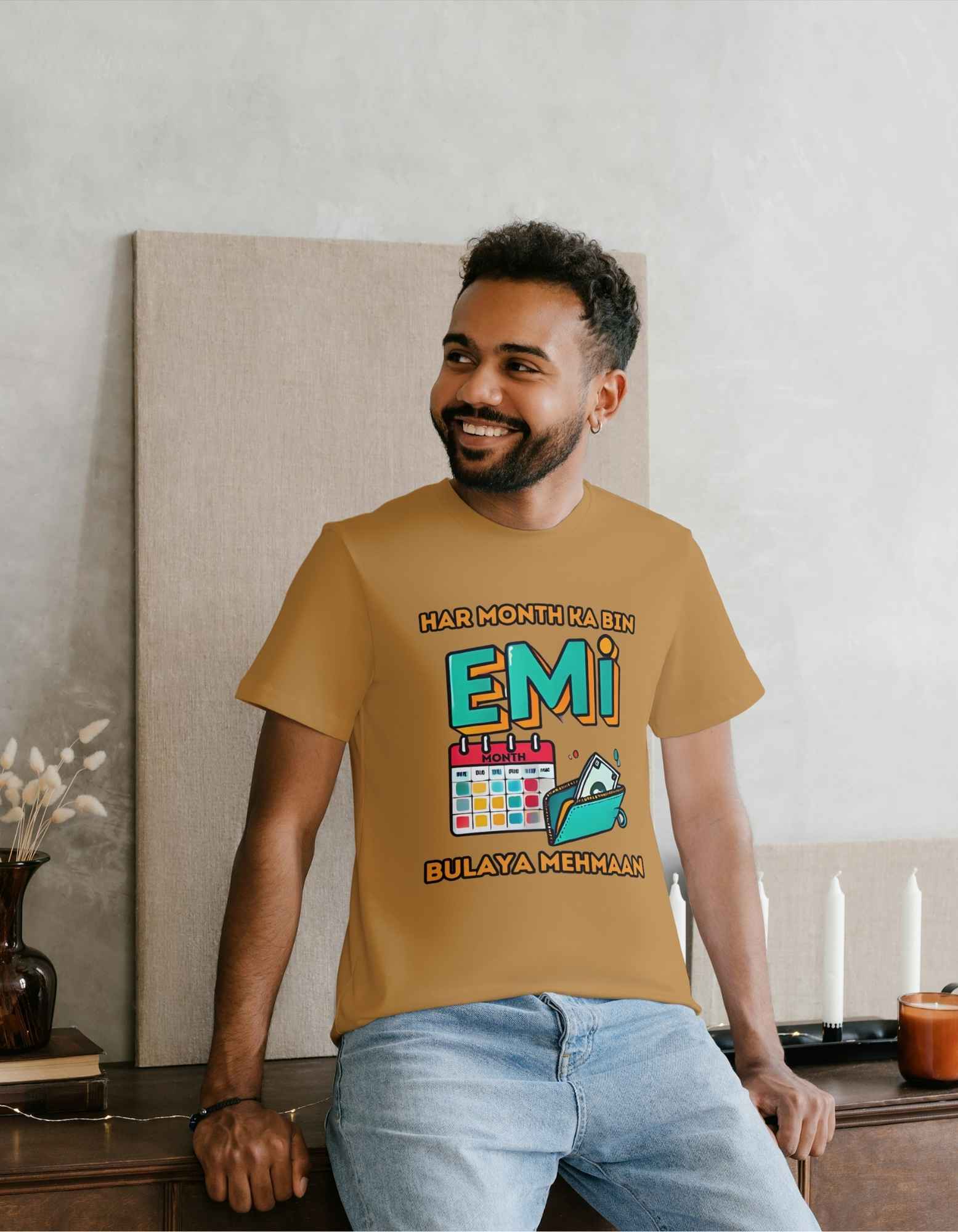 beclassy corporate t-shirt with a premium pure cotton 180 gsm camel color t-shirt with "har month ka bin bulaya mehmaan-EMI" design print.