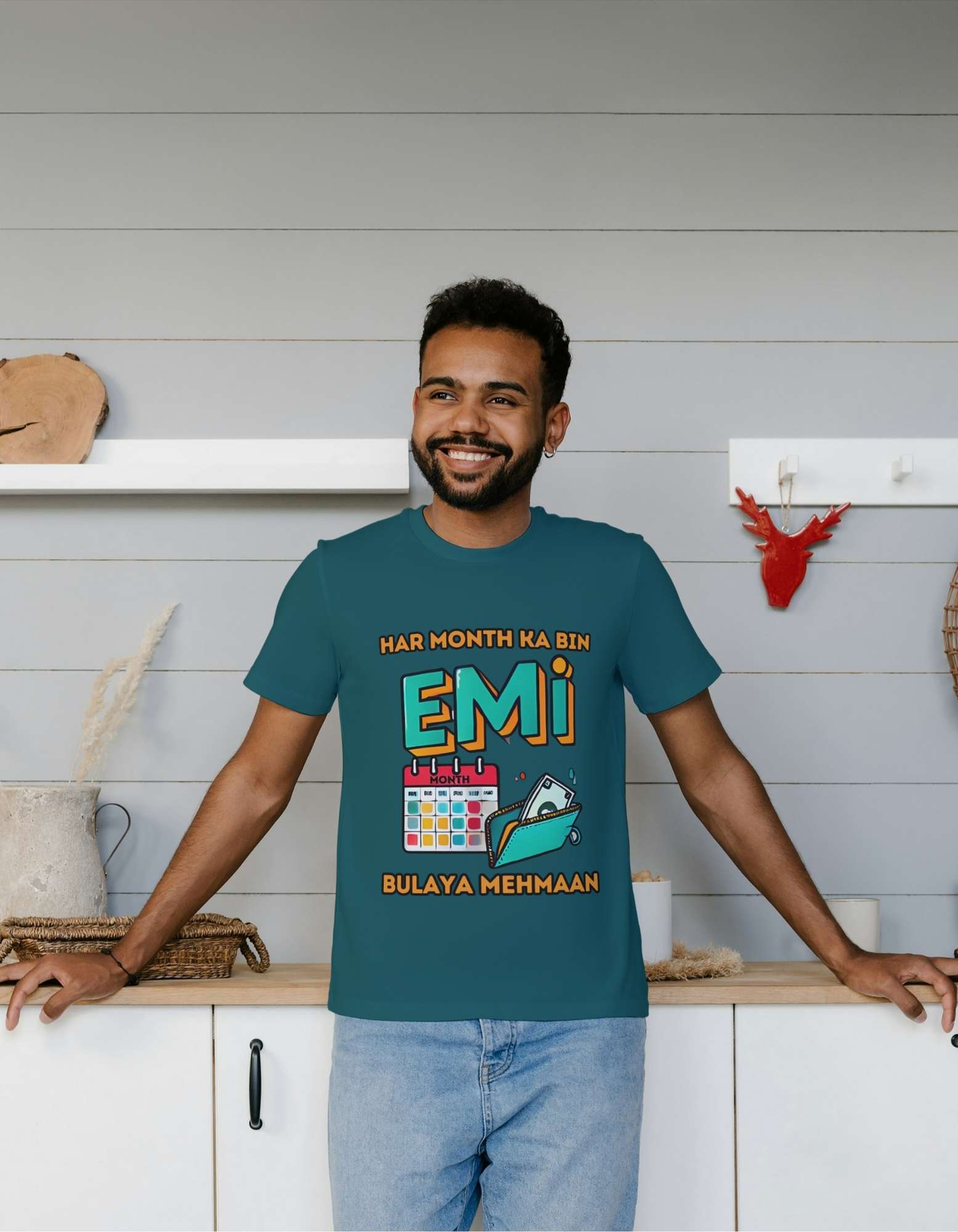 beclassy corporate t-shirt with a premium pure cotton 180 gsm teal blue color t-shirt with "har month ka bin bulaya mehmaan-EMI" design print.